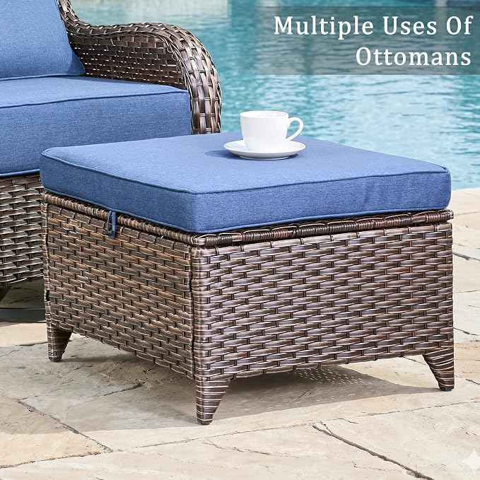 Luxury High Back Outdoor Furniture with 6-Inch Thick Cushions, Patio Furniture Set with Ottomans, 5 PCS Wicker Conversation Set for Porch, Balcony, Deck and Yard