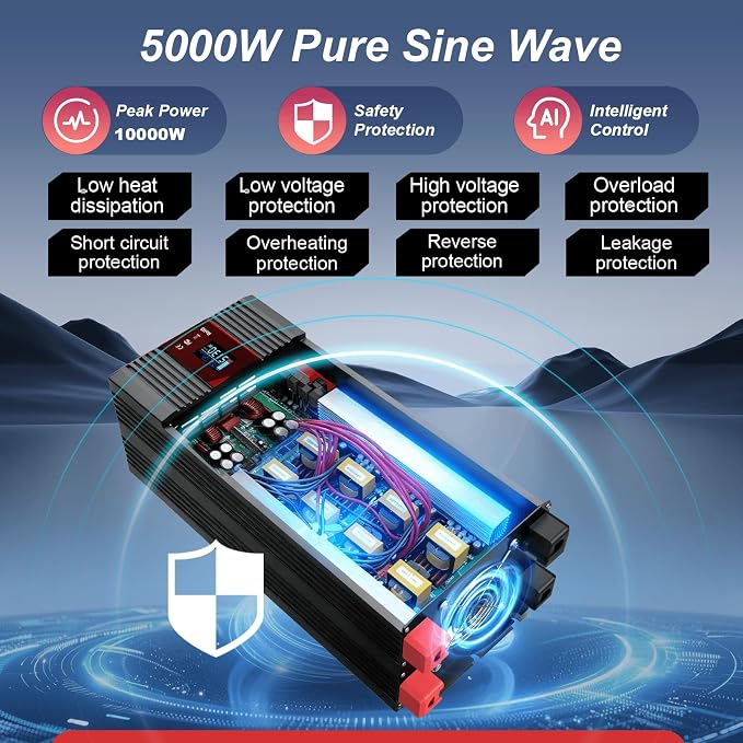 5000W Power Inverter 12V to 110V 120V AC Pure Sine Wave Inverters for RV Truck Camping,Outdoor Off-Grid Power Converter with LCD Display,Wired Controller,AC Outlets USB Ports(12V-5000Watt)