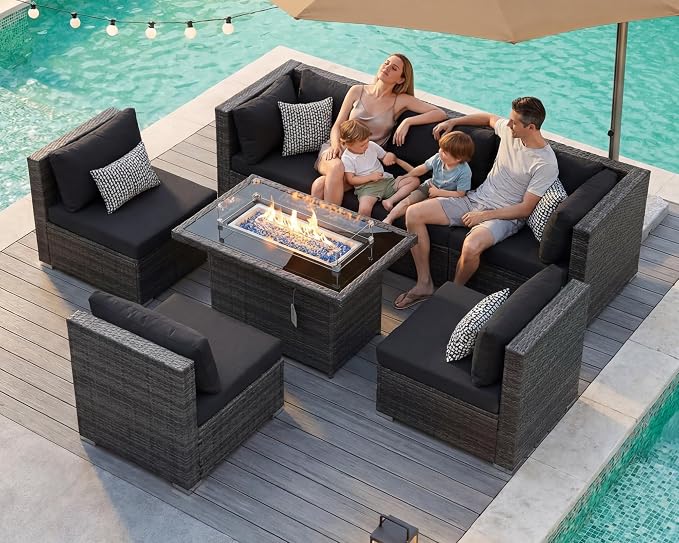 BULEXYARD 7 Piece High Back Outdoor Furniture Set with Fire Pit, Durable All Weather Wicker Patio Couch Sofa Set, Oversized Modular 6-Seater Sectional Backyard Seating Wide Deep for Lawn, Grey & Black