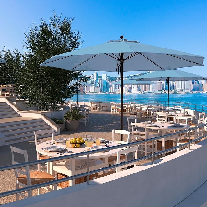 California Umbrella 11Ft Commercial Grade Sunbrella Fabric Market Umbrella, Pulley Lift, Aluminum/Fiberglass, 2mm pole wall, Bronze Frame, Air Blue Fabric