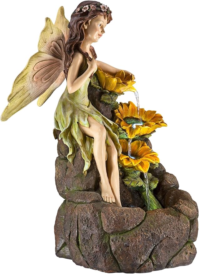 Garden Fairy with Sunflowers 26" High Large Modern Indoor Outdoor Cottage Core Decor Faux Stone Floor Fountain with Light LED Cascading Water Feature for Outside Patio Yard Backyard - John Timberland