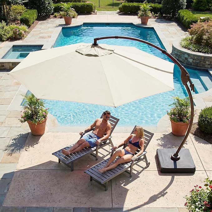 Cantilever Umbrella with Heavy-Duty Base, Outdoor Large Round Aluminum Offset Umbrella for Patio Garden Backyard, UV-Resistant Waterproof Canopy, 360° Rotation & Tilt Adjustment