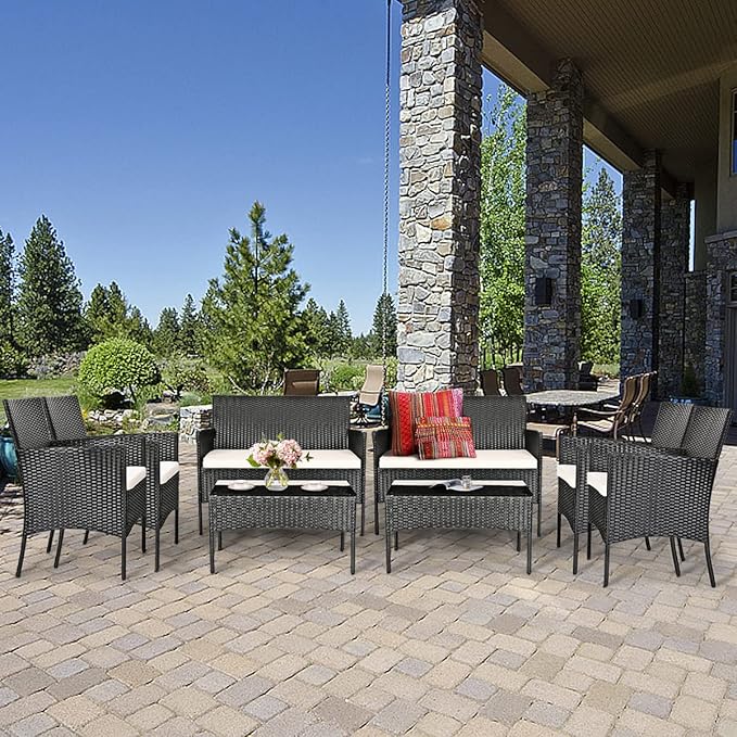 HAPPYGRILL 8 Pieces Patio Furniture Set Rattan Wicker Conversation Set with Tempered Glass Top Table, Outdoor Wicker Sofa Set with Removable Cushions for Poolside Garden Backyard