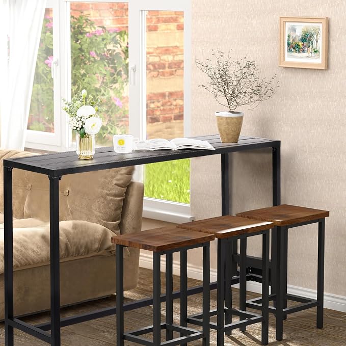 55" Outdoor Patio Bar Table,Rectangle Narrow Outdoor Counter Height Bar Table,Metal Patio Pub Bistro Cocktail Table,with Wheels,for Patio Garden Deck Yard Poolside Balcony (Black)