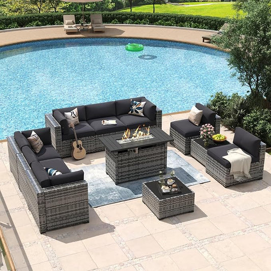 Aoxun 11 Piece Patio Furniture Set with 44” Fire Pit Table Wicker Rattan Outdoor Sectional Sofa Set with Coffee Table and Thickened Cushions, Grey/Black