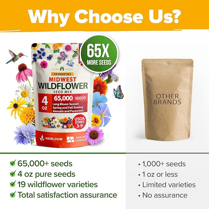 HOME GROWN Midwest Wildflower Seeds Mix | 65,000+ Heirloom Perennial Flower Seed for Attracting Bees, Birds & Butterflies | High Germination Bulk Planting | 4 oz