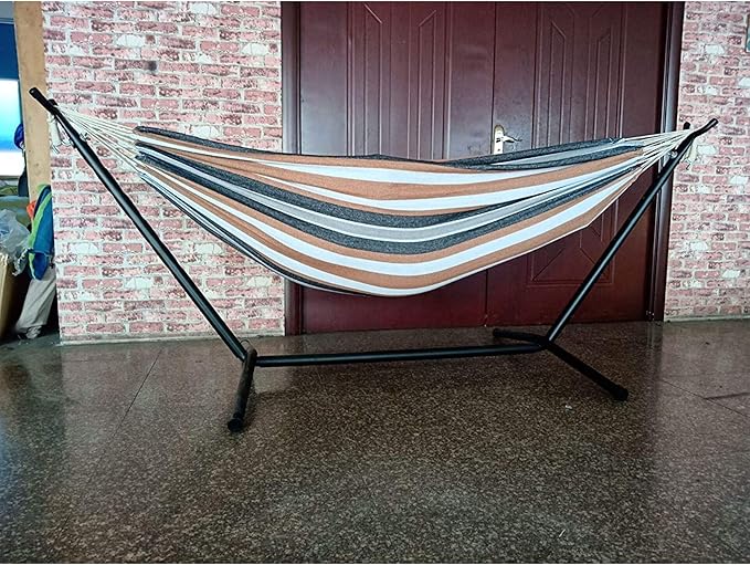 Brazilian Double Hammock Bed with Stand for 2 Person, Portable Steel Stand Hammock Bed for Indoor or Outdoor Use with Carrying Pouch in Desert Colors
