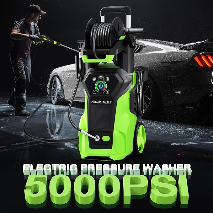 𝟓𝟎𝟎𝟎𝐏𝐒𝐈 𝐏𝐫𝐞𝐬𝐬𝐮𝐫𝐞 𝐖𝐚𝐬𝐡𝐞𝐫 Cleaner, Portable Car Washer with 4 Quick Connect Nozzles, Foam Cannon for Car Driveway Patio Fence (Green)