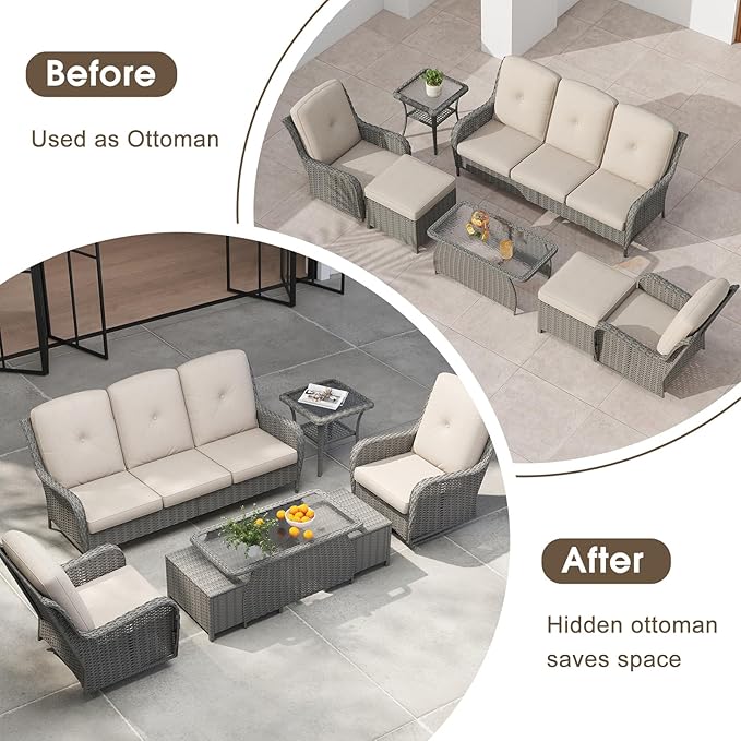 kinbor Outdoor Sectional Furniture - Outdoor Patio Conversation Sets, 7 Pieces Outdoor Sectional Sofas with Swivel Rocking Chair, Brown Wicker Rattan Patio Furniture Set, Khaki
