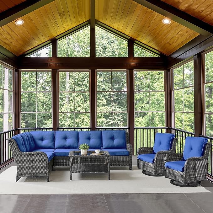 Belord Patio Furniture Set 6 Seats, Outdoor Swivel Rocker Patio Chairs, Oversized Outdoor Sectional Couch, Two 3-Seater Sofas with Coffee Table, Ideal for Porch, Deck, Gray Wicker/Blue