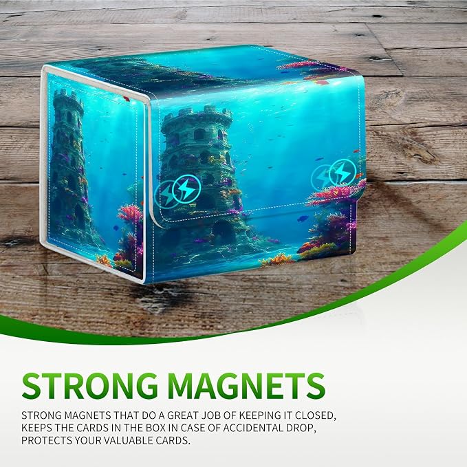Card Deck Box for MTG, Cards Storage Box Fits 120+ Sleeved, Leather Small Size Strong Magnetic Closing Card Case for Board Games Magic TCG CCG Baseball Collection, Underwater Castle