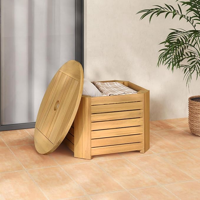 HAPPYGRILL Outdoor Side Table with Umbrella Hole, Acacia Wood End Table with Storage, Removable Base, Patio Storage Box for Backyard, Balcony, Poolside (Octagonal)