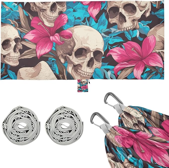 Human Skulls Hot Pink Lily Flowers 330lb Capacity Outdoor Hammock with Hanging Rope Tree Hammock for Outside Patio Garden hamaca con soporte para adultos