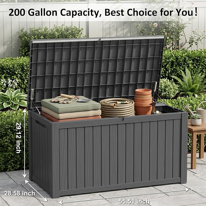 PatioZen 200 Gallon Deck Box, Outdoor Storage Box, Large Deck Box, Lockable, Waterproof &UV-resistant for Patio Furniture, Garden Tools, Garden Tools, Pool Accessories black