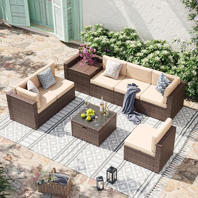 Aoxun 8 Piece Patio Furniture Set, Wicker Outdoor Furniture Set with Storage Box, Patio Sectional Set with Thickened Cushions, Waterproof Cover and 25.6" Coffee Table (Brown& Khaki)