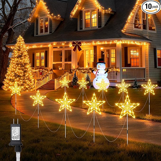 Brightown Pathway Lights Outdoor Christmas Decorations, Set of 10 Large Waterproof Stake Decorative Light for Outside Sidewalk Yard Lawn Path Walkway Driveway Marker Stake, Warm White