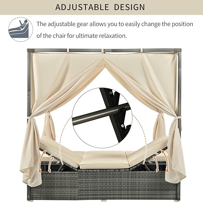 KEVINSPACE Outdoor Daybed with Curtain Canopy Bed Patio Furniture Adjustable Sunbed Set All-Weather Rattan Sun Lounger Patio Wicker Sofa Set Patio Conversation Set Curtains for Garden Yard Beige