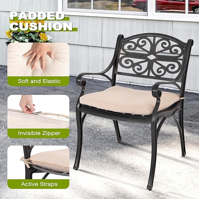 NUU GARDEN 5 Piece Cast Aluminum Outdoor Patio Dining Set, Round Patio Dining Table with 2.24" Umbrella Hole and 4 Patio Dining Chairs with Cushions for Garden, Balcony, Bronze and Beige