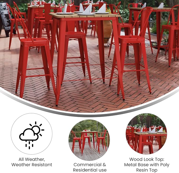 BizChair Commercial Outdoor Dining Table Bar Height, All Weather Poly Resin Top with Steel Base, 31.5" Square, Brown/Red