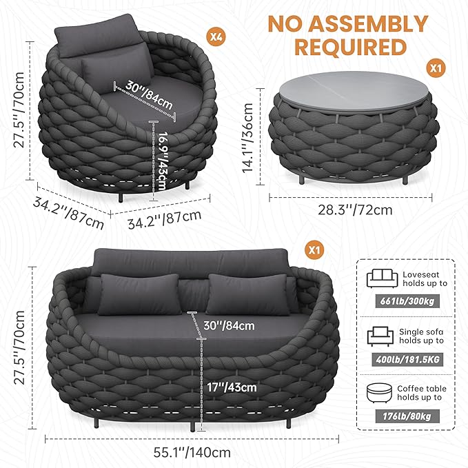 Cushioned Outdoor Patio Furniture Set: 6 Pieces Aluminum Porch Conversation Sofa Set - Modern Hand Woven Rope Deck Couch Set - Assembled All Weather for 661lbs Garden Yard Pool Hotel, Dark Gray