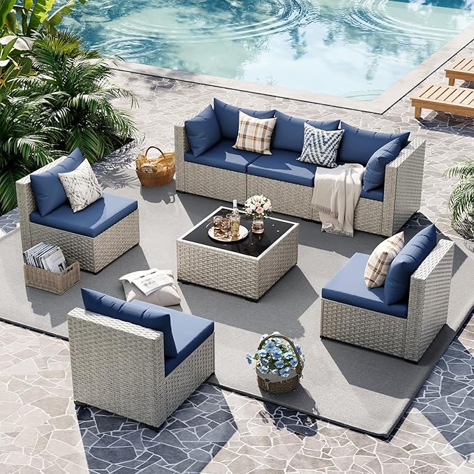 UDPATIO Outdoor Patio Furniture Set, 7-Piece Modular Sectional Sofa with Tea Table, PE Wicker Outdoor Conversation Set for Patio, Garden, Backyard Blue
