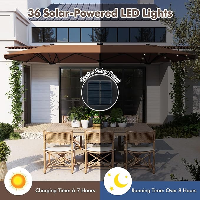 HAPPYGRILL Double-Sided Patio Umbrella with Solar Lights, 13FT Large Umbrella with Base Included, Crank Handle, Market Twin Table Umbrella for Outdoor Backyard Garden Poolside