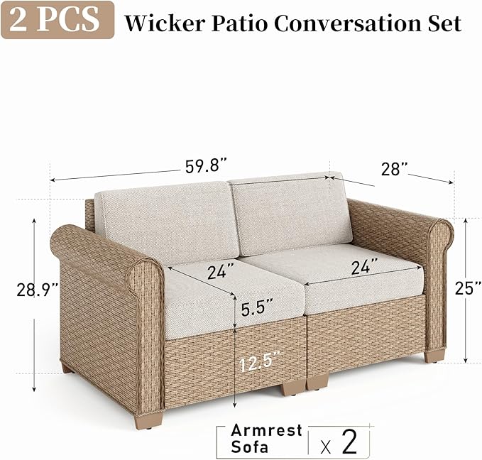 Patio Rattan loveseat, 2-Seat Wicker Rattan Sofa with 5.5" Thick Waterproof Cushions, All Weather Outdoor Conversation Set for Lawn Backyard Garden and Deck, Beige