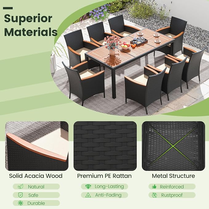 KOTEK 9 Piece Outdoor Dining Set, Rattan Patio Dining Table and Chairs Set for 8 with 1.96'' Umbrella Hole and Seat Cushions, Wicker Patio Dining Set for Deck, Backyard