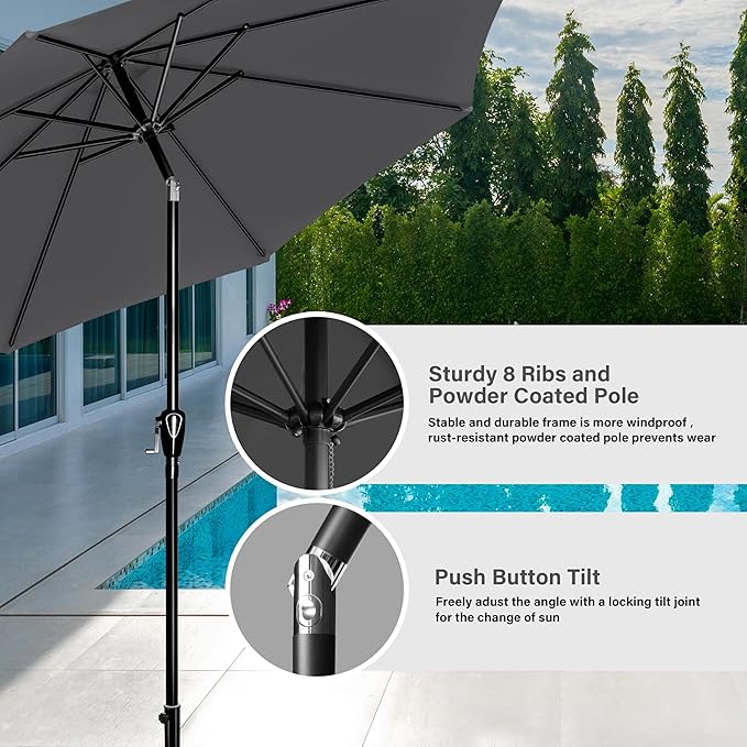 Simple Deluxe 9FT Outdoor Patio Umbrella Table Market Umbrella with Push Button Tilt and Crank, 8 Sturdy Ribs, UV Protection Waterproof for Garden, Lawn, Deck, Backyard, Pool, Grey