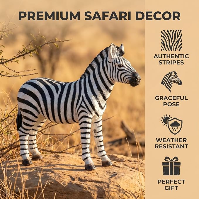 18.3" Realistic Zebra Garden Statue, Black & White Striped | Safari Animal Sculpture, For Patio, Yard & Pool Decor