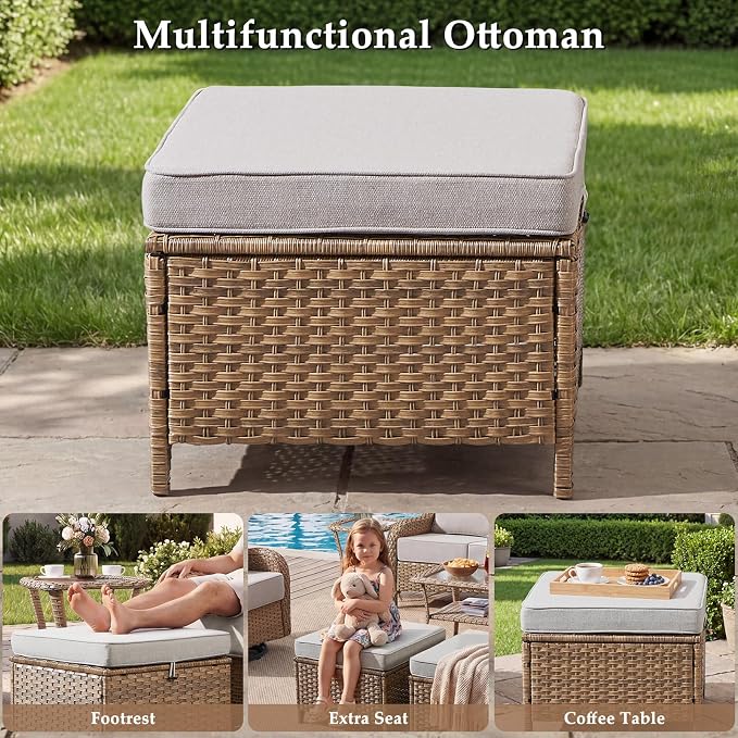Luxury High Back Patio Furniture Set with 6-Inch Thick Cushions, 7-Pieces Outdoor Furniture with Swivel Chairs &Side Table, Wicker Conversation Set for Porch, Balcony, Deck and Yard, Yellow/Beige