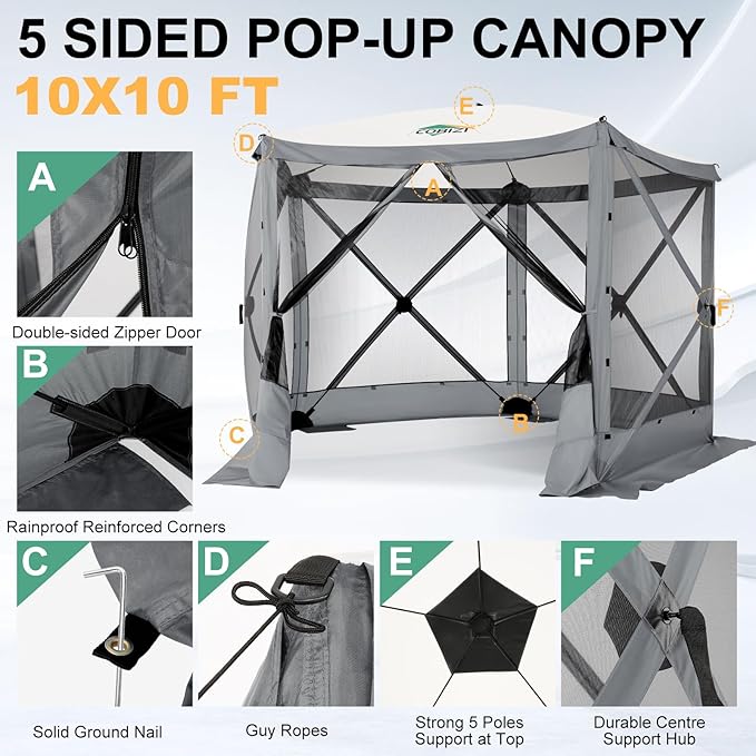 COBIZI 10x10 FT Pop up Gazebo, Popup Canopy Tent,Screened in Gazebos with sidewalls, Waterproof Portable Outdoor Small Screen Tents Sun Shelter,carpas para Patio for Camping, Garden and Backyard,Grey