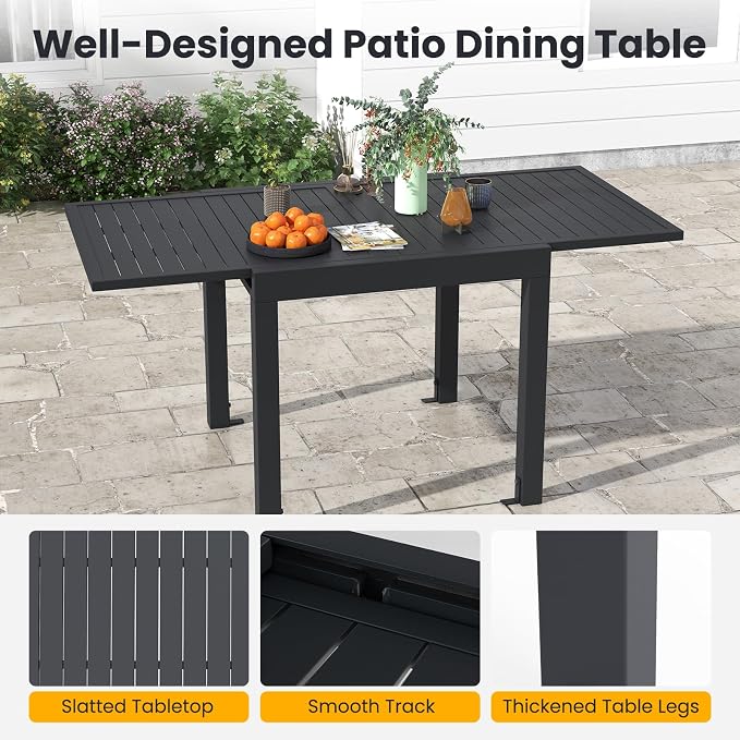 Tangkula 7 Pieces Outdoor Dining Set for 6 with Expandable Table, Patio Aluminum Rectangular Slatted Tabletop Table and Stackable Armchairs, for Deck, Garden, Backyard and Poolside