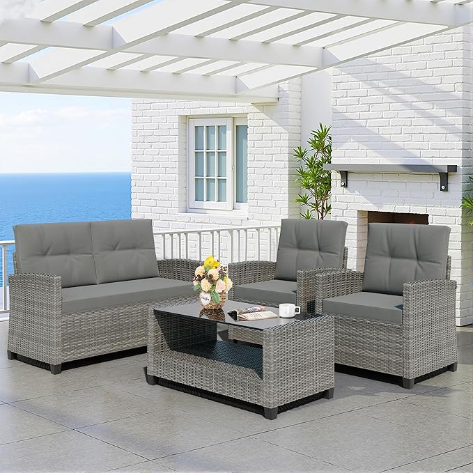 Shintenchi 4 Piece Patio Furniture Set, Outdoor Rattan Conversation Set with Coffee Table, Outside Wicker Sectional Sofa Couch with Cushion, Gray