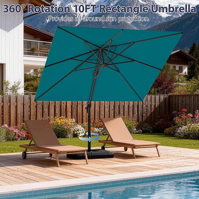 10' X 10' Patio Umbrella Cantilever Outdoor Rectangle Umbrella, Heavy Duty 360°Rotation Offset Umbrella for Garden Deck Pool Patio, Turquoise
