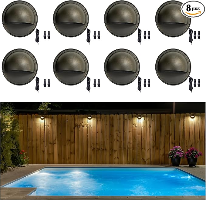 Gardenreet Low Voltage Deck Lights - Landscape Solid Brass Step Lights Outdoor, 12V LED Hardwired Waterproof, Round Bronze Lighting for Fence Wall Yard Stair Without G4 Bulb 8 Pack