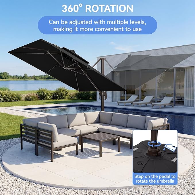 10x10FT Black Cantilever Outdoor Patio Umbrella with Base, Large Square Offset Design, Double Top Heavy Duty Aluminum Frame & 360° Rotation for Pool Garden Deck Backyard