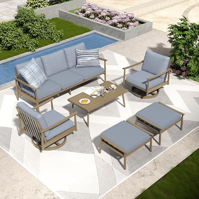 6 Pieces Aluminum Outdoor Patio Furniture Sets with Coffee Table, Cushioned 3-Seat Sofa Couch and Swivel Chairs with Ottomans, All-Weather Conversation Set for Yard Proch Deck, Blue & Brown