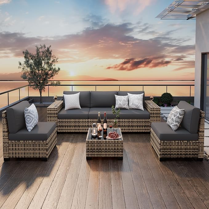 Amopatio 6 Piece Patio Furniture Set with 8" Armrest & 4" Thiken Cushion, Outdoor Wicker Rattan Sectional Sofa Conversation Set for Backyard, Garden, Poolside(Grey Cushion)
