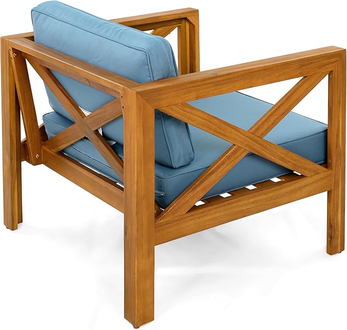 Christopher Knight Home Lucy Acacia Wood Outdoor Patio Furniture Set, 3 Pieces Patio Set, Round Side Table and ArmChairs Conversation Set with Cushion for Garden Lawn Balcony, Blue + Light Teak