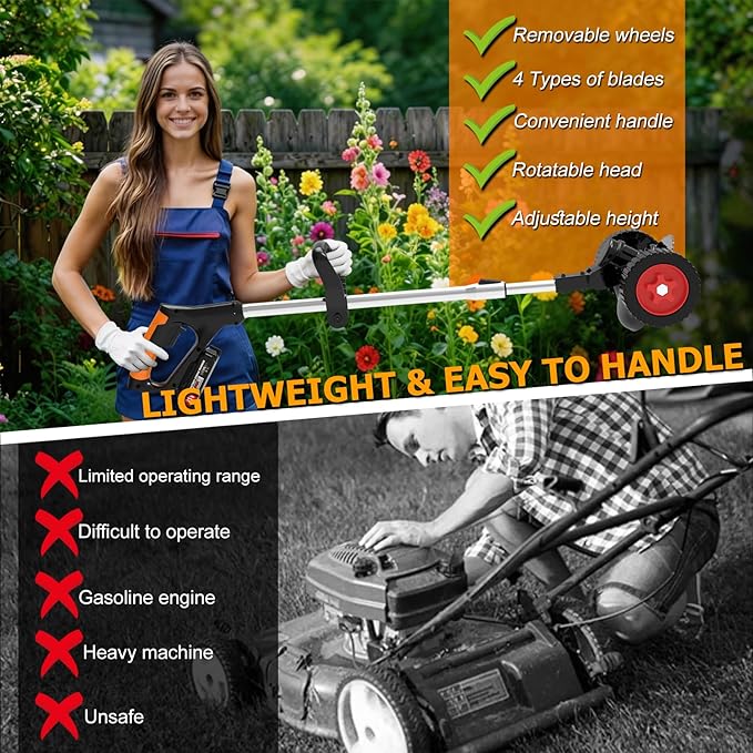 Electric Weed Wacker Eater Battery Powered 3 in 1 Cordless Weed Trimmer 2 21V Battery Operated with 4 Types Blades & Wheels, No-String Grass Trimmer/Lawn Edger/Brush Cutter for Garden Yard