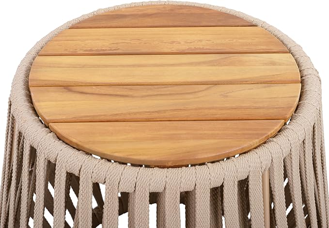 Outdoor Side End Table for Patio with Rope and Acacia Wood, Small Round Patio Table, Outside Boho Accent Table for Backyard Balcony Gazebo Party, Beige