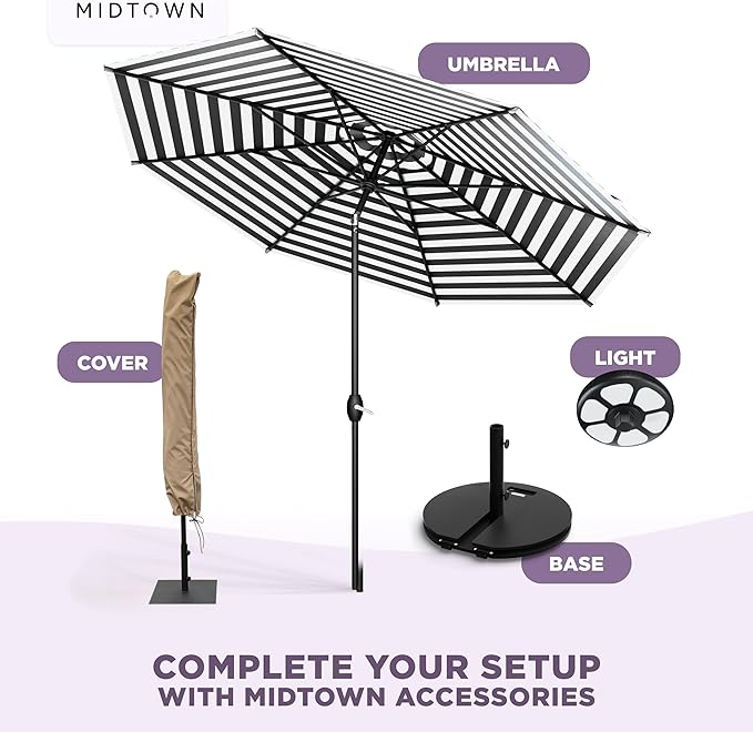 Midtown Umbrellas 10-Year-No-Fade - 8 Ft - UV Proof Black/White Stripes Fabric - Umbrella Outdoor Patio, Auto-Tilt Aluminum Frame Patio Umbrella for Garden, Pool & Deck - Black Pole