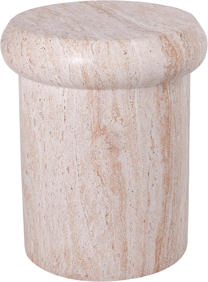Merax 18.11" H Sculptural MGO Side Table, Modern Round End Table with Faux Marble&Travertine Finish, Indoor/Outdoor Versatile Pedestal Stool, Beige Marble