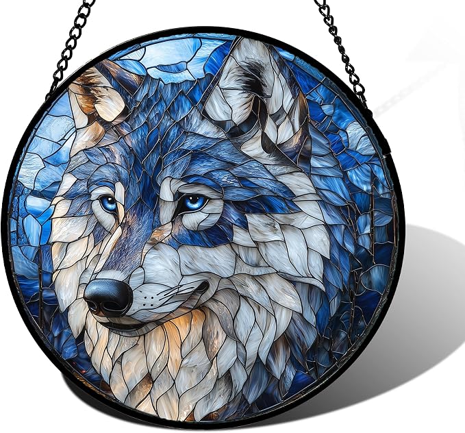 DASTOLL Stained Glass Window Hanging - Funny Wolf Suncatcher Ready to Hang Window Doors Home Decoration and Christmas, Mother's Day Birthday Gifts for Women, Men, and Mom 9.8x9.8 in