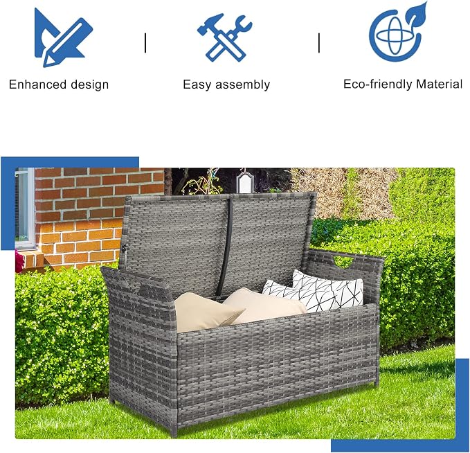 33 Gallon Outdoor Wicker Storage Bench with Cushion, Rattan Storage Box, 2-in-1 Large Capacity Rectangle Garden Storage Box Wicker Deck Box with Handles＆Seat for Backyard, Balcony, Poolside (Gray)
