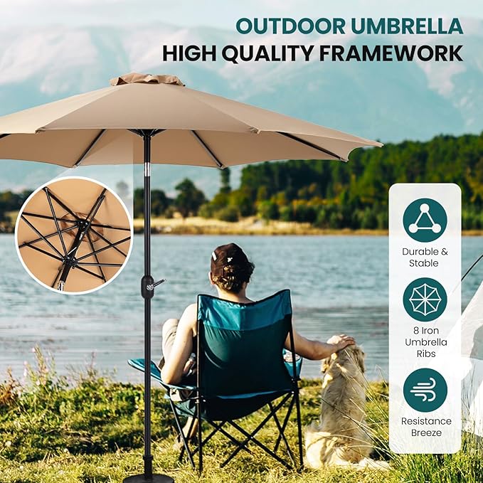 OLIXIS 9FT Patio Umbrella with Tilt and Crank Button & Sturdy Ribs Waterproof, 9Feet Patio Table Umbrella Perfect for Poolside, Terrace, Beach and Outdoor Restaurant