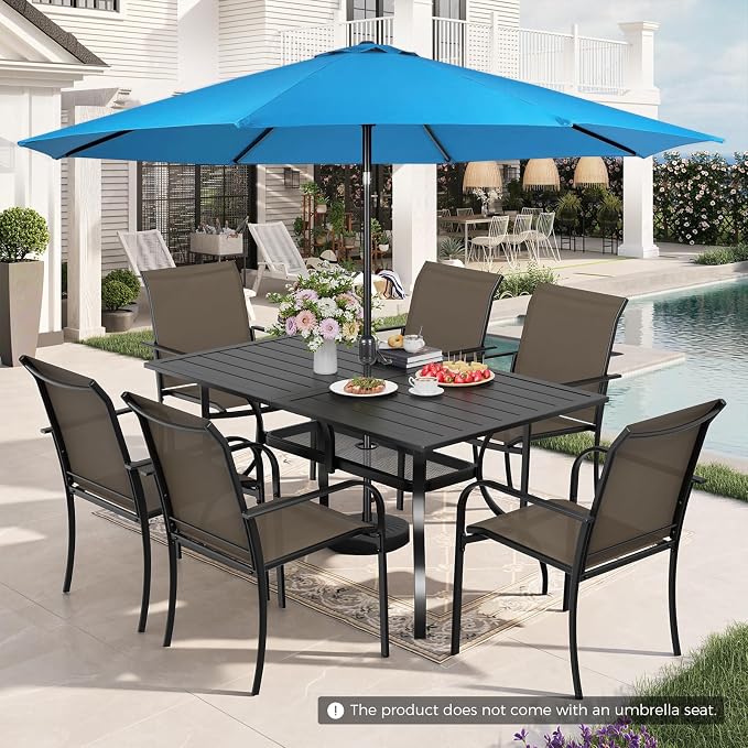 Incbruce 8 Pieces Patio Dining Set with Sky Blue Umbrella, Outdoor Dining Set of 6 Textilene Chairs and Rectangle Table with Umbrella Hole for Backyard, Garden, and Poolside (Brown)