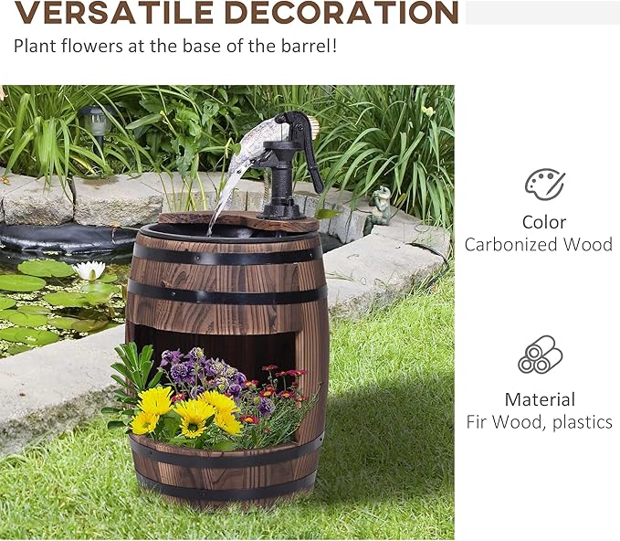 Outsunny 23" H Outdoor Water Fountain Wood and Plastic Rustic Apple Barrel Pump Garden Decor for Outside Backyard