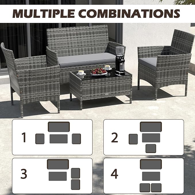 Tangkula 4 Piece Patio Rattan Conversation Set, Outdoor Wicker Furniture Set with Chair, Loveseat & Tempered Glass Table, Cozy Seat Cushions, Outside Sectional Sofa Set for Backyard, Porch
